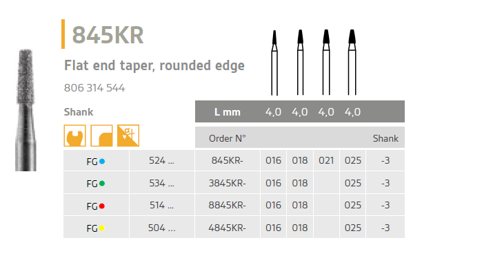 Diamond bur Flat end taper, rounded edge, ISO 806 314 544